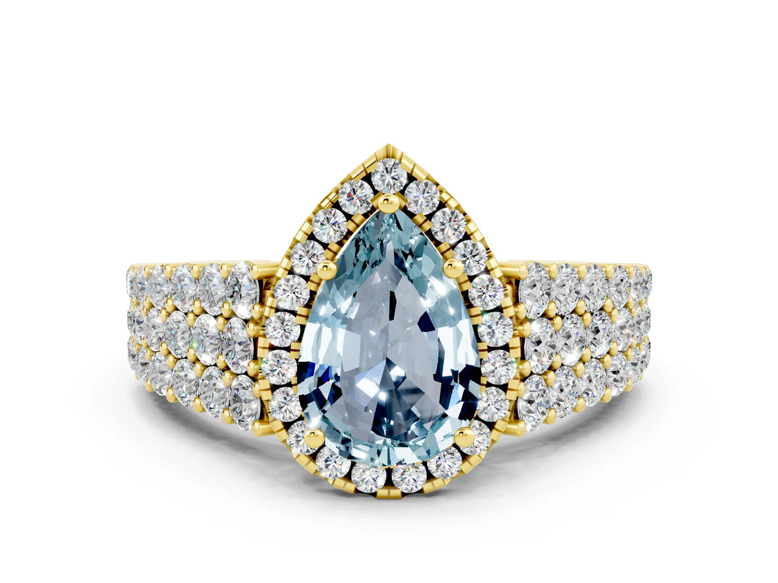 Yellow gold Pear Cut Halo Pavé Diamond Engagement Ring with Split Shank and Four-Prong Setting