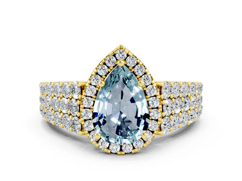 Yellow gold Pear Cut Halo Pavé Diamond Engagement Ring with Split Shank and Four-Prong Setting