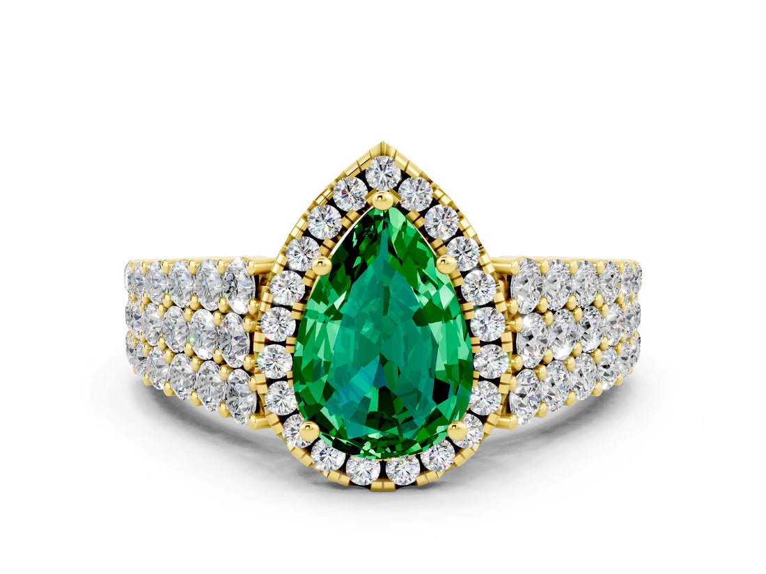 Yellow gold Pear Cut Halo Pavé Diamond Engagement Ring with Split Shank and Four-Prong Setting