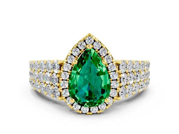 Yellow gold Pear Cut Emerald Halo Engagement Ring with Triple Row Round Pavé Band and Prong Setting