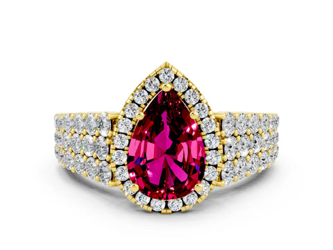 Yellow gold Pear Cut Halo Pavé Diamond Engagement Ring with Split Shank and Four-Prong Setting