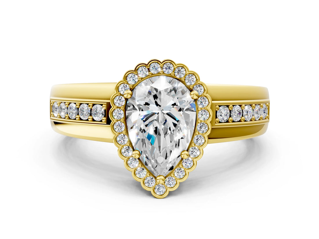 Yellow gold Pear Cut Halo Pave Band Four-Prong Ring_61