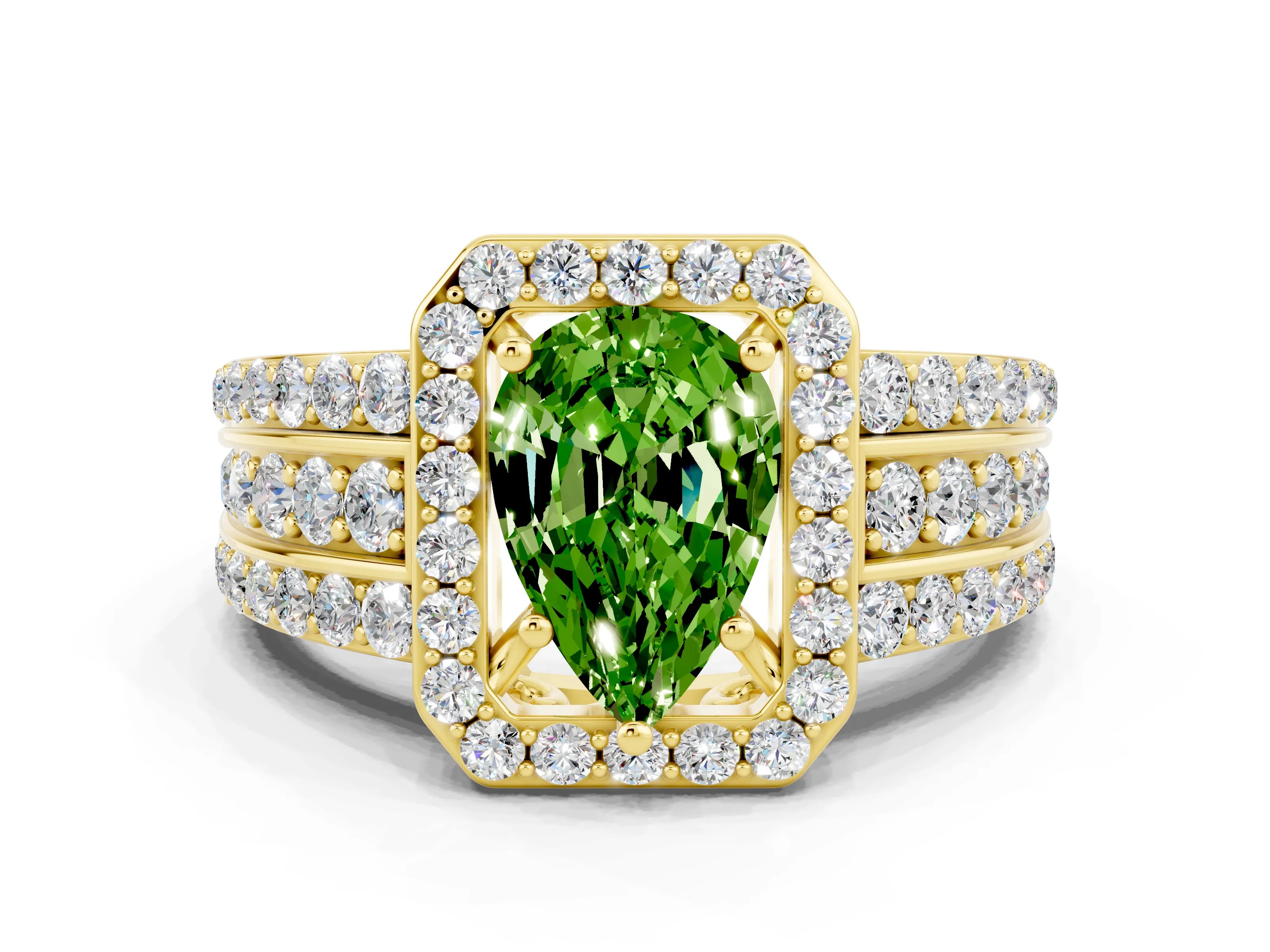 Yellow gold Pear Cut Halo Peridot Ring with Split Shank and Four-Prong Setting