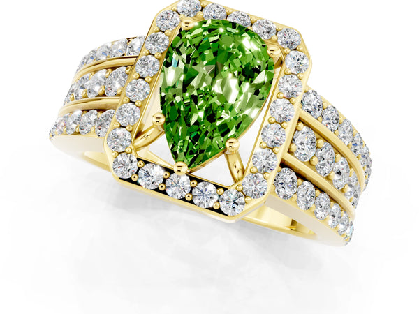 Yellow gold Pear Cut Halo Peridot Ring with Round  Split Shank and Prong Setting