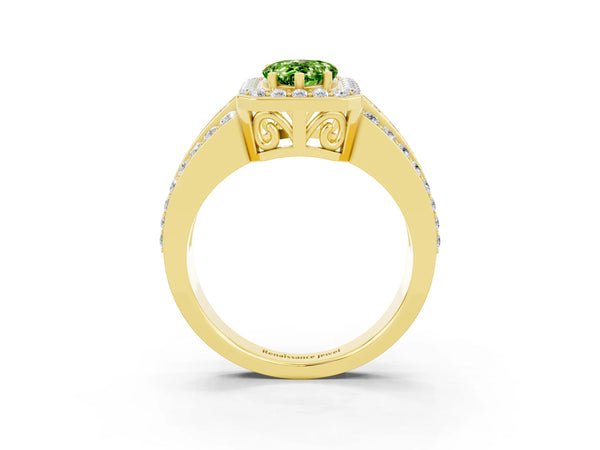 Yellow gold Pear Cut Halo Peridot Ring with Round  Split Shank and Prong Setting