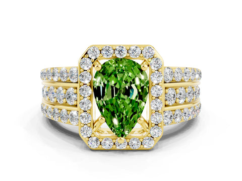 Yellow gold Pear Cut Halo Peridot Ring with Split Shank and Four-Prong Setting