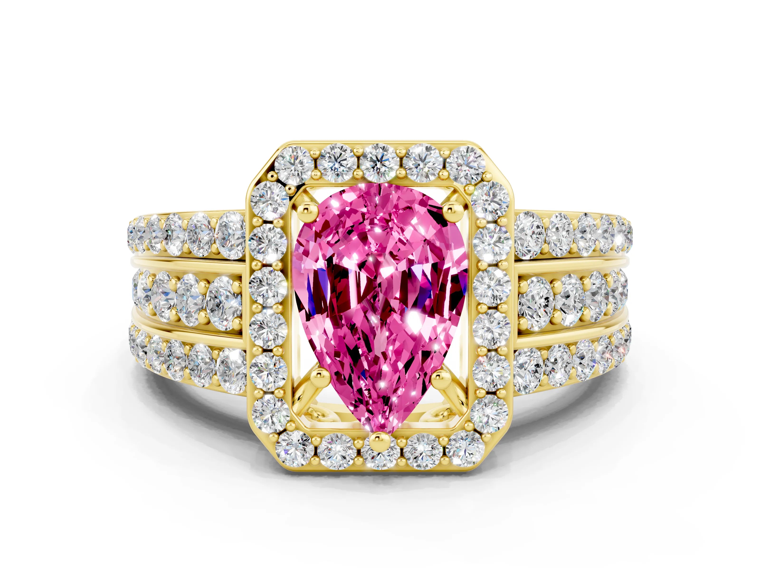 Yellow gold Pear Cut Halo Pink Sapphire Ring with Split Shank and Four-Prong Setting_24