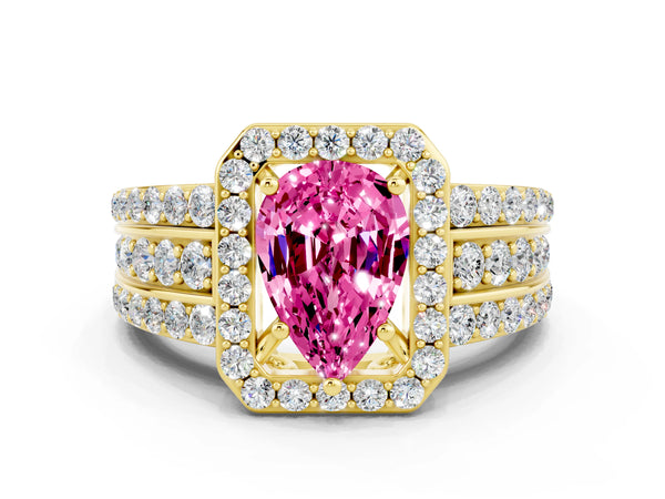 Yellow gold Pear Cut Halo Pink Sapphire Ring with Round  Split Shank and Prong Setting