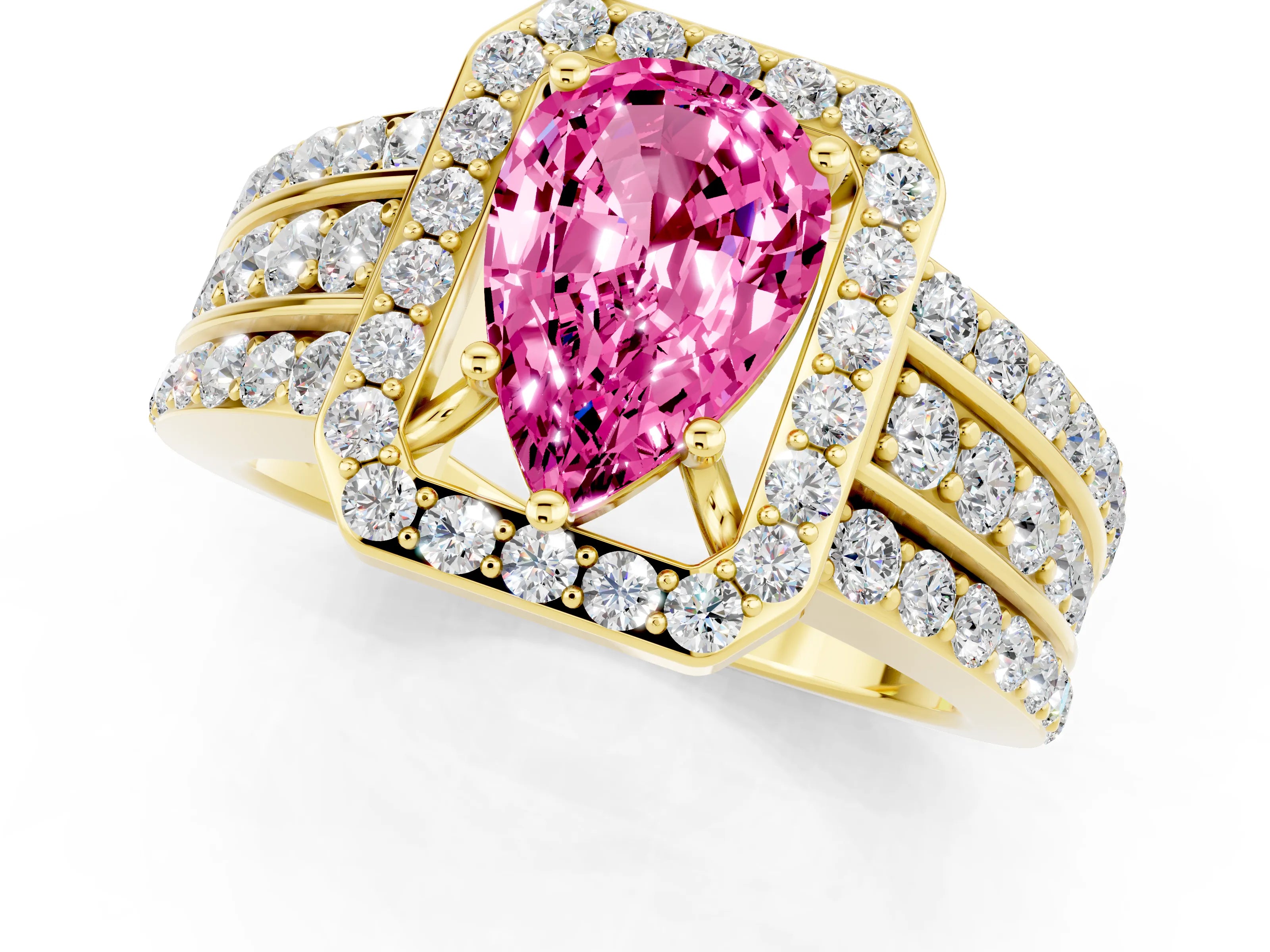 Yellow gold Pear Cut Halo Pink Sapphire Ring with Split Shank and Four-Prong Setting_25