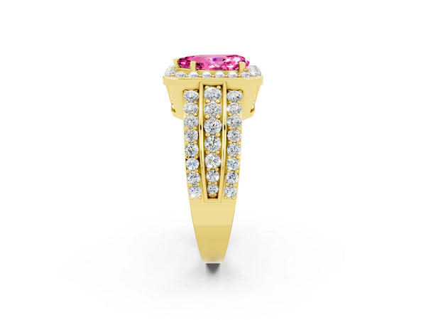 Yellow gold Pear Cut Halo Pink Sapphire Ring with Round  Split Shank and Prong Setting