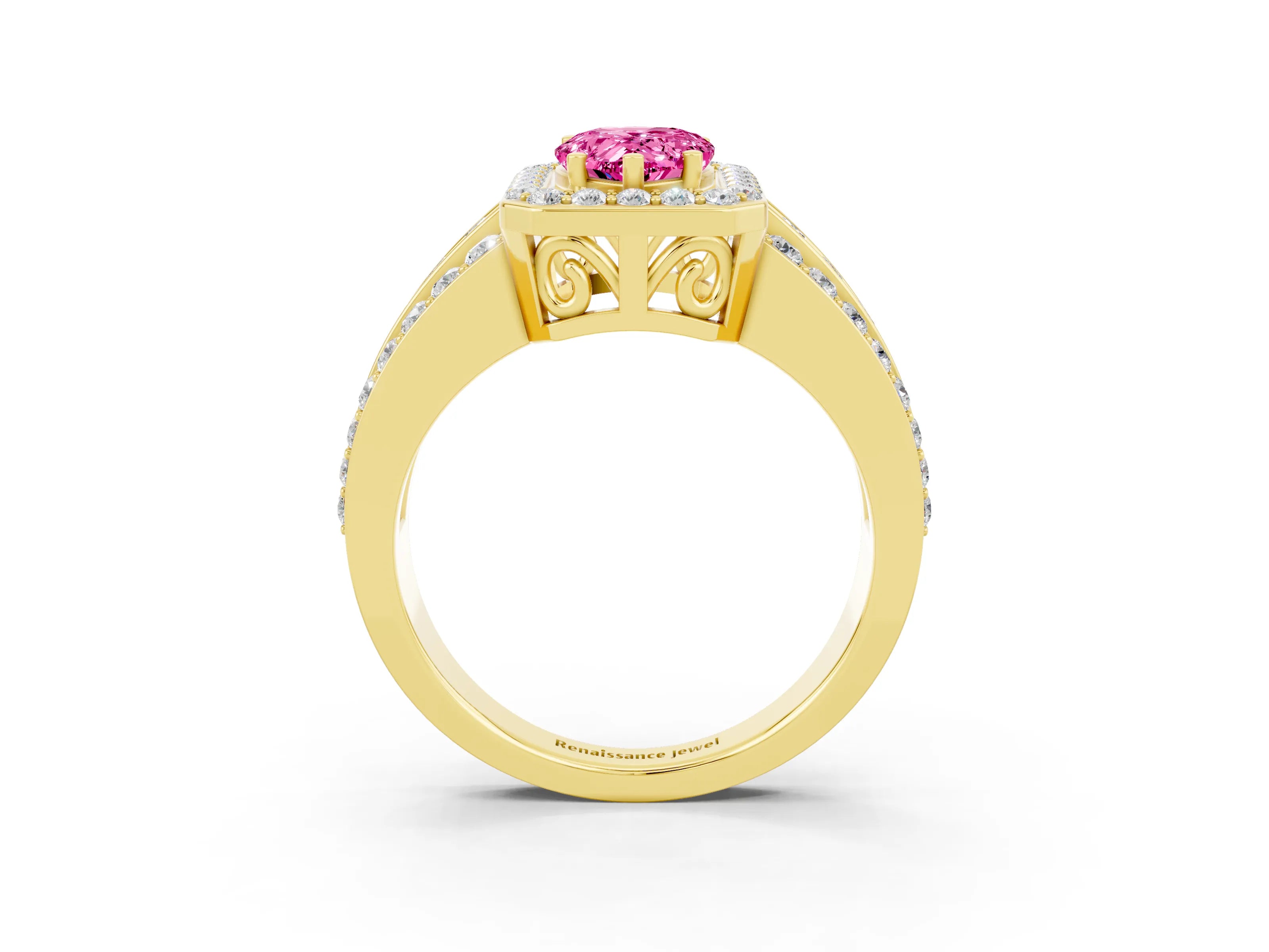 Yellow gold Pear Cut Halo Pink Sapphire Ring with Split Shank and Four-Prong Setting_27