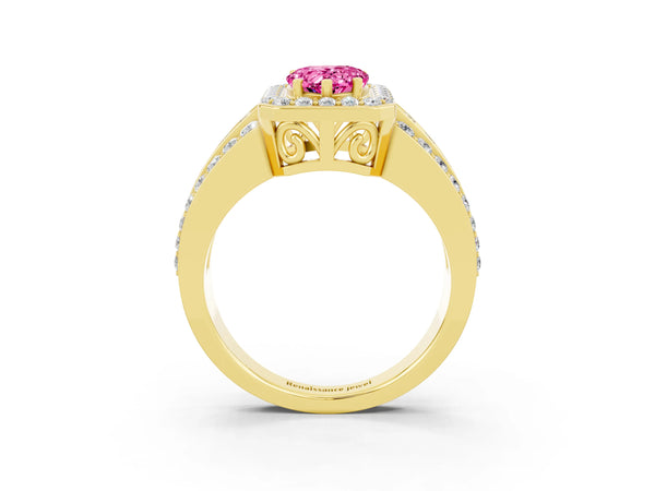 Yellow gold Pear Cut Halo Pink Sapphire Ring with Round  Split Shank and Prong Setting
