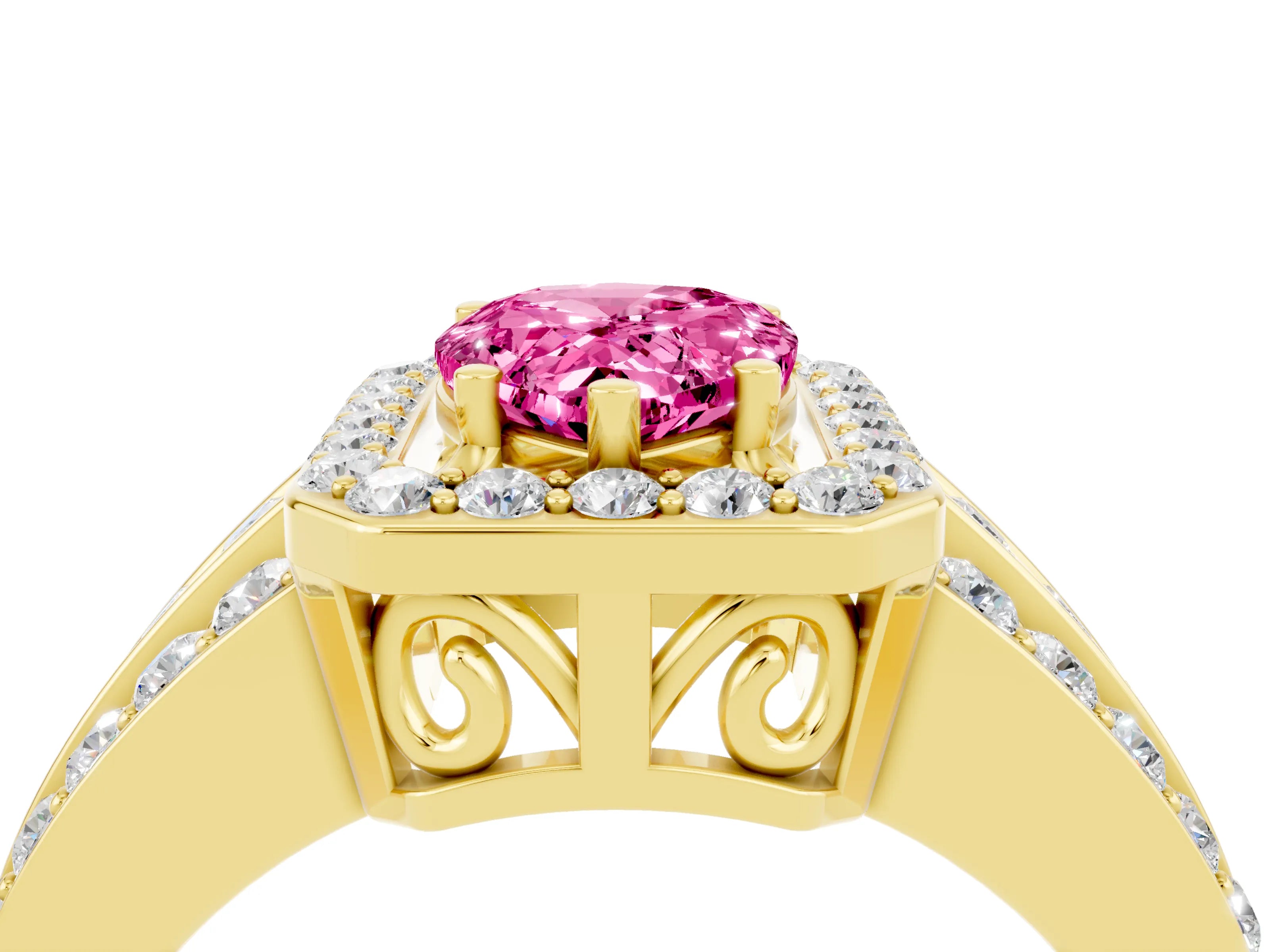 Yellow gold Pear Cut Halo Pink Sapphire Ring with Split Shank and Four-Prong Setting_28