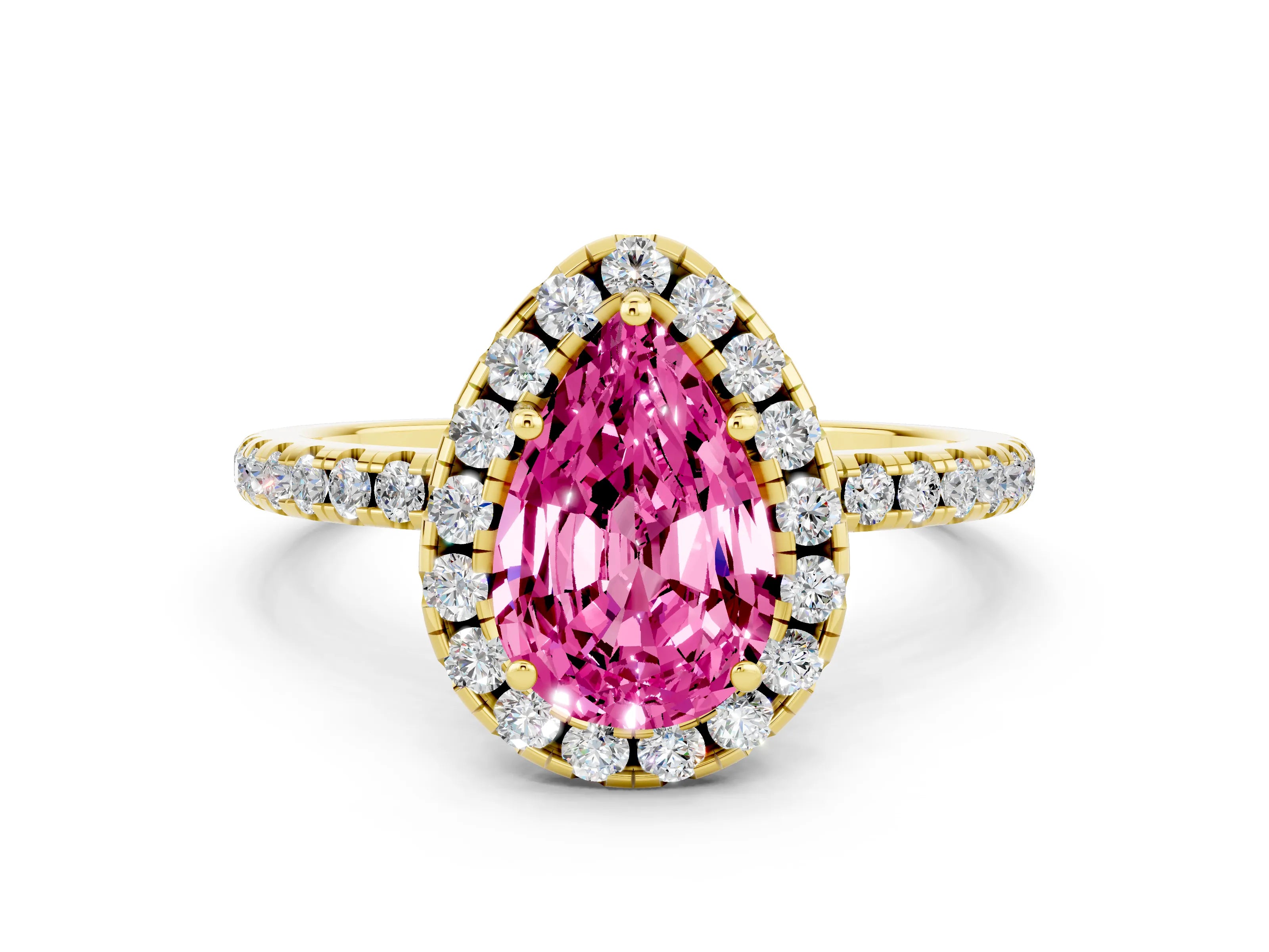 Yellow gold Pear Cut Halo Round Diamond Pavé Band Four-Prong Ring