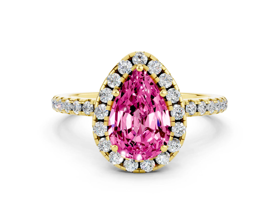 Yellow gold Pear Cut Halo Round Diamond Pavé Band Four-Prong Ring