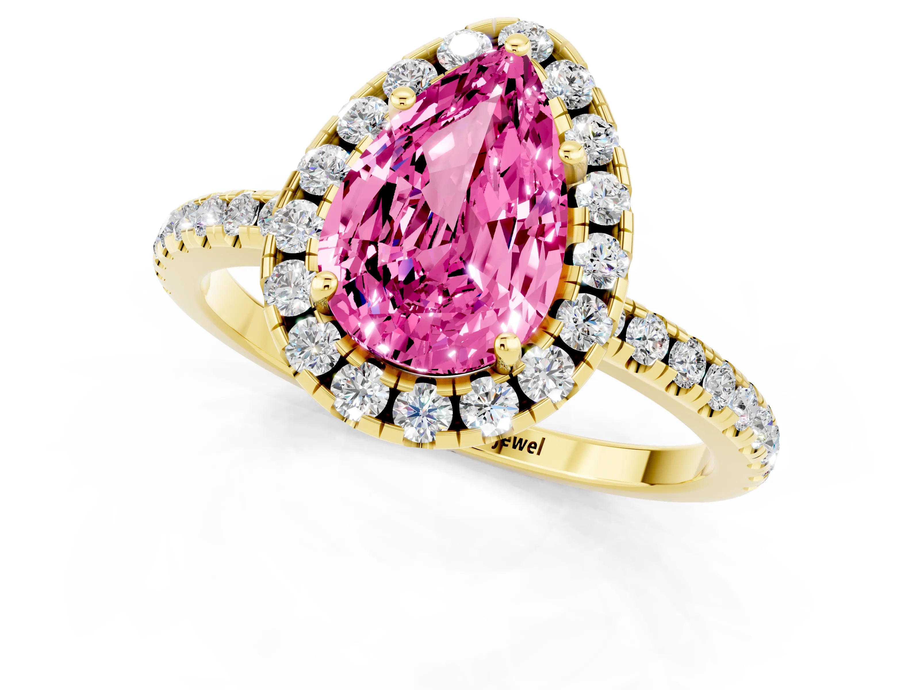 Yellow gold Pear Cut Halo Round Diamond Pavé Band Four-Prong Ring_1