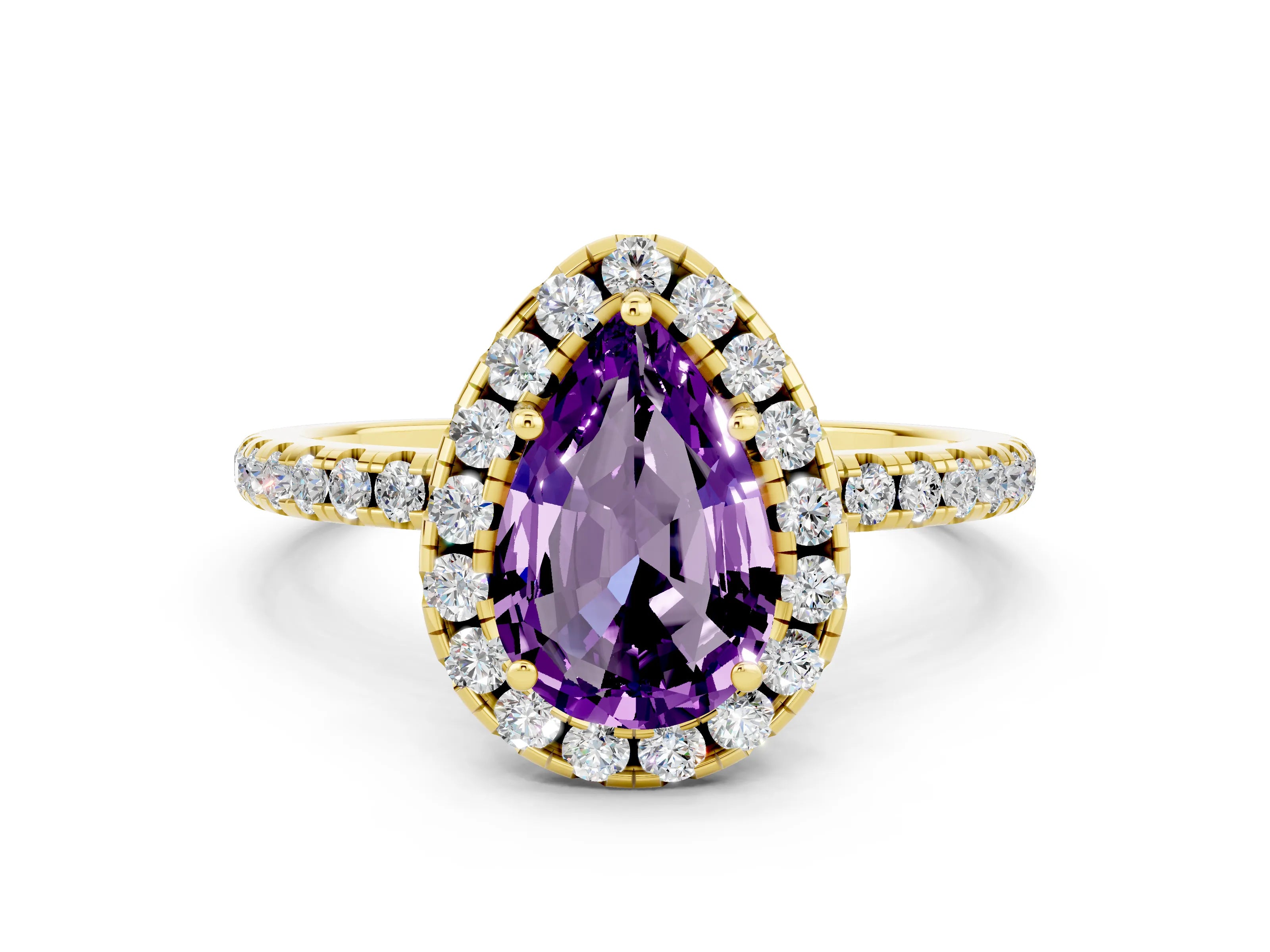 Yellow gold Pear Cut Halo Round Diamond Pavé Band Four-Prong Ring_12