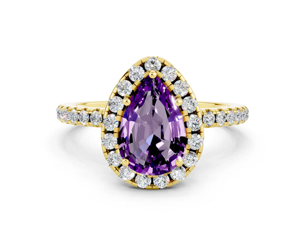 Yellow gold Pear Cut Amethyst Halo Ring with Round Pavé Band and Prong Setting