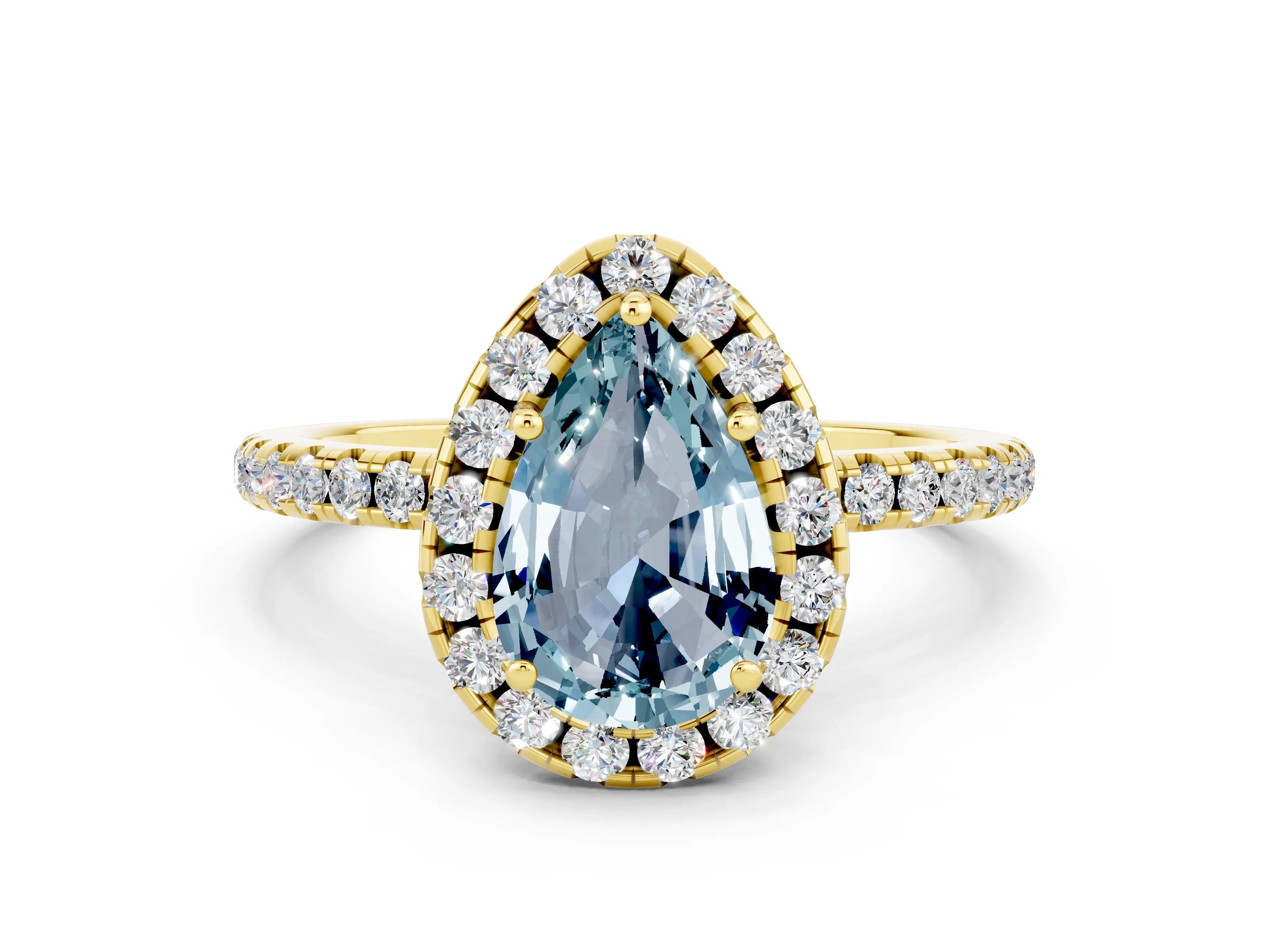 Yellow gold Pear Cut Halo Round Diamond Pavé Band Four-Prong Ring_12