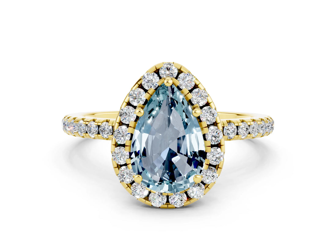 Yellow gold Pear Cut Halo Round Diamond Pavé Band Four-Prong Ring_12