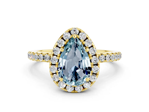 Yellow gold Pear Cut Halo Round Diamond Pavé Band Four-Prong Ring_12
