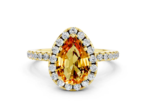 Yellow gold Pear Cut Citrine Halo Ring with Round Pavé Band and Prong Setting