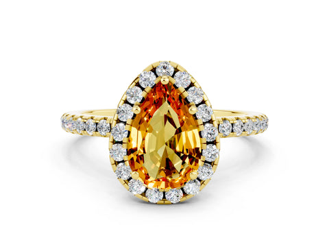 Yellow gold Pear Cut Halo Round Diamond Pavé Band Four-Prong Ring_12