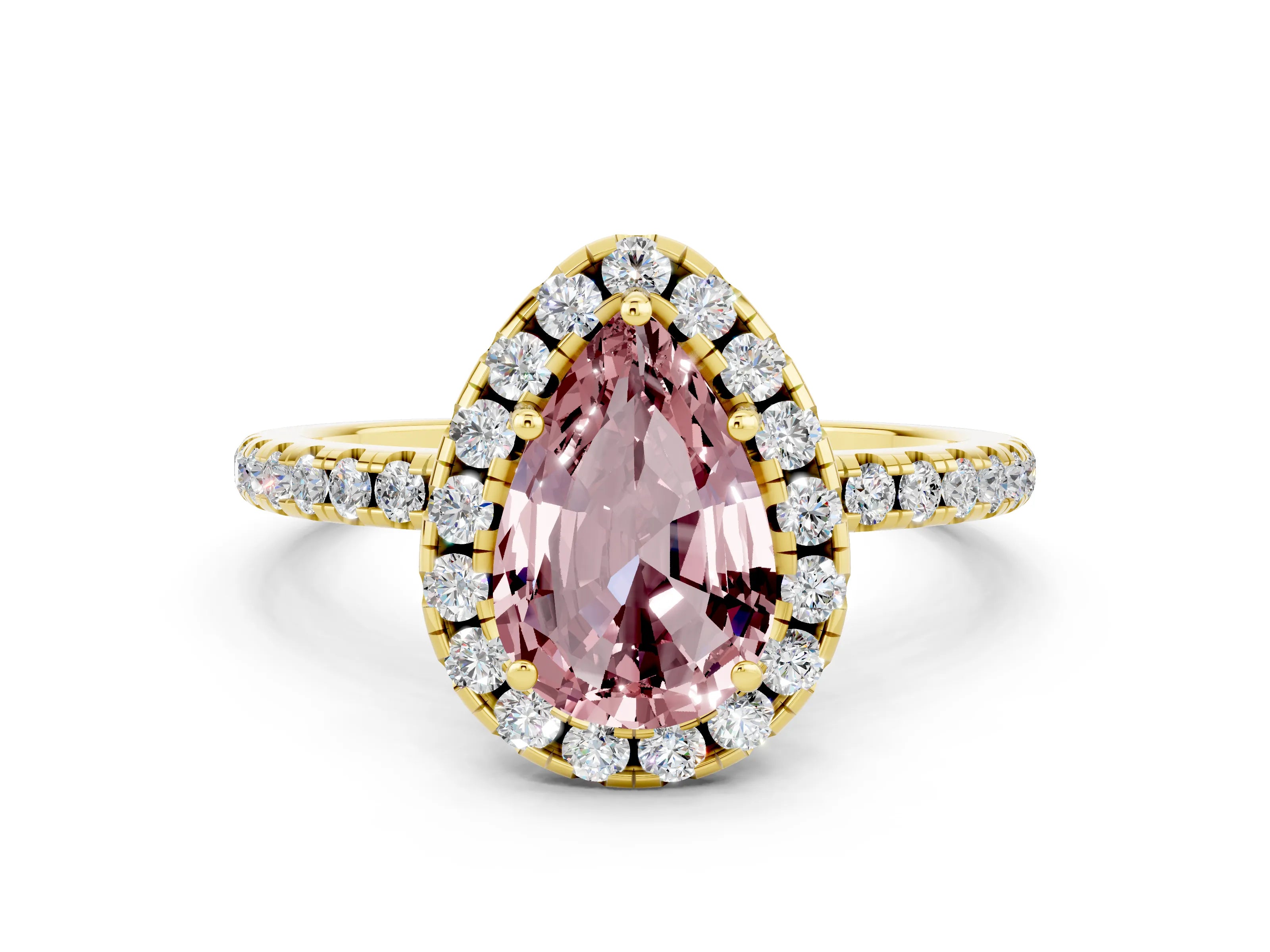 Yellow gold Pear Cut Halo Round Diamond Pavé Band Four-Prong Ring_12