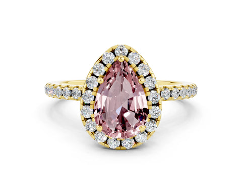 Yellow gold Pear Cut Halo Round Diamond Pavé Band Four-Prong Ring_12