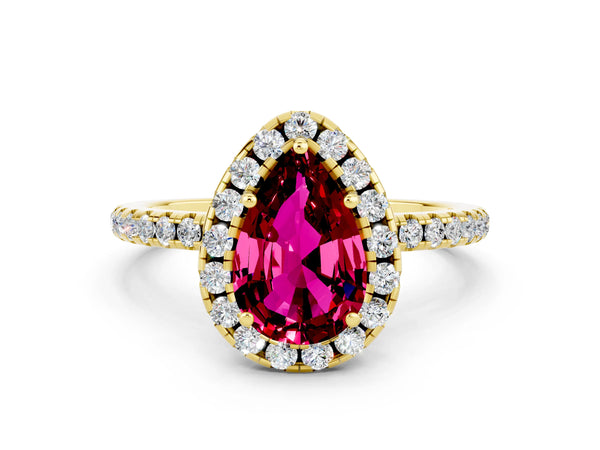 Yellow gold Pear Cut Garnet Halo Ring with Round Pavé Band and Prong Setting