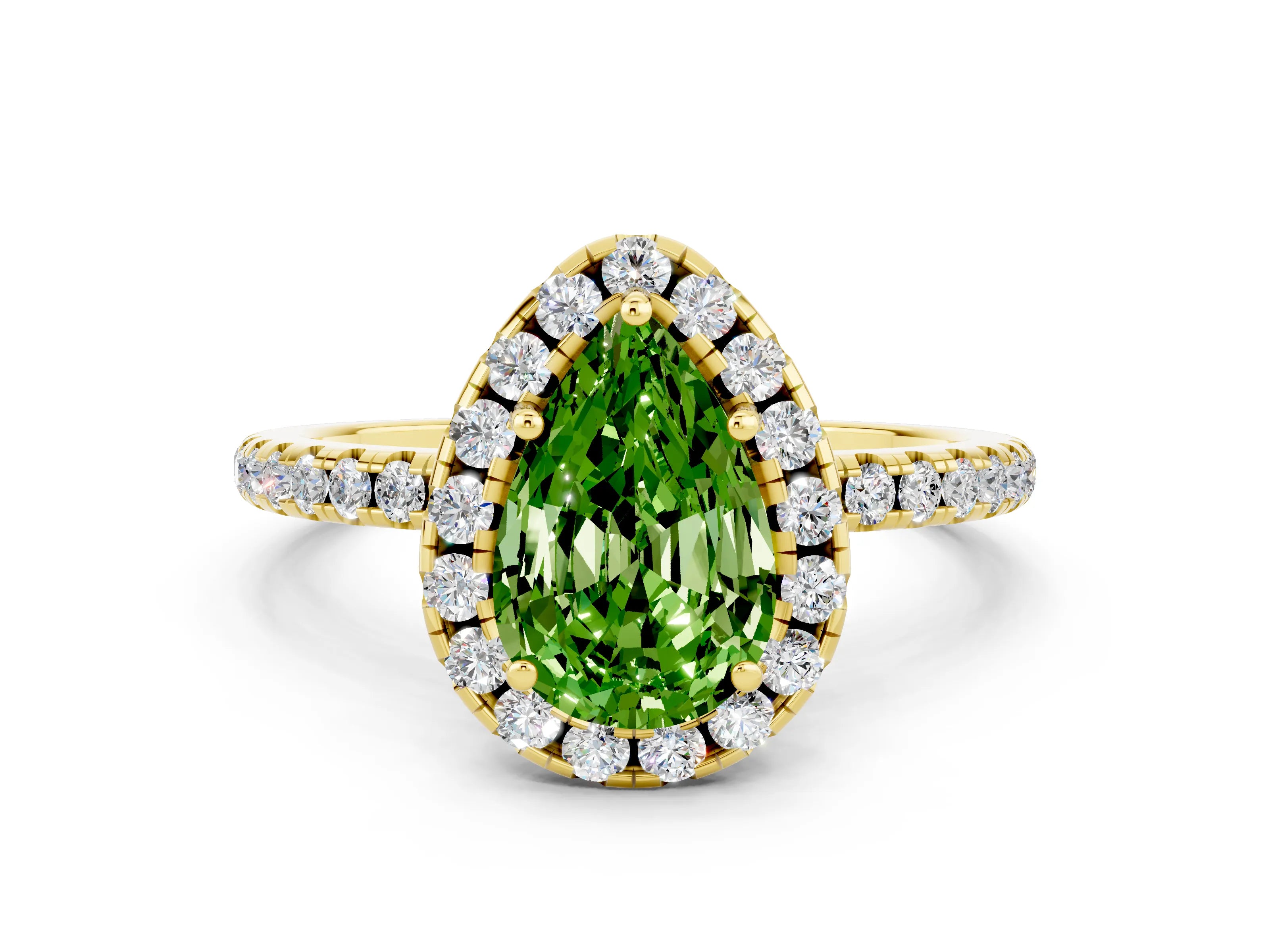 Yellow gold Pear Cut Halo Round Diamond Pavé Band Four-Prong Ring_12
