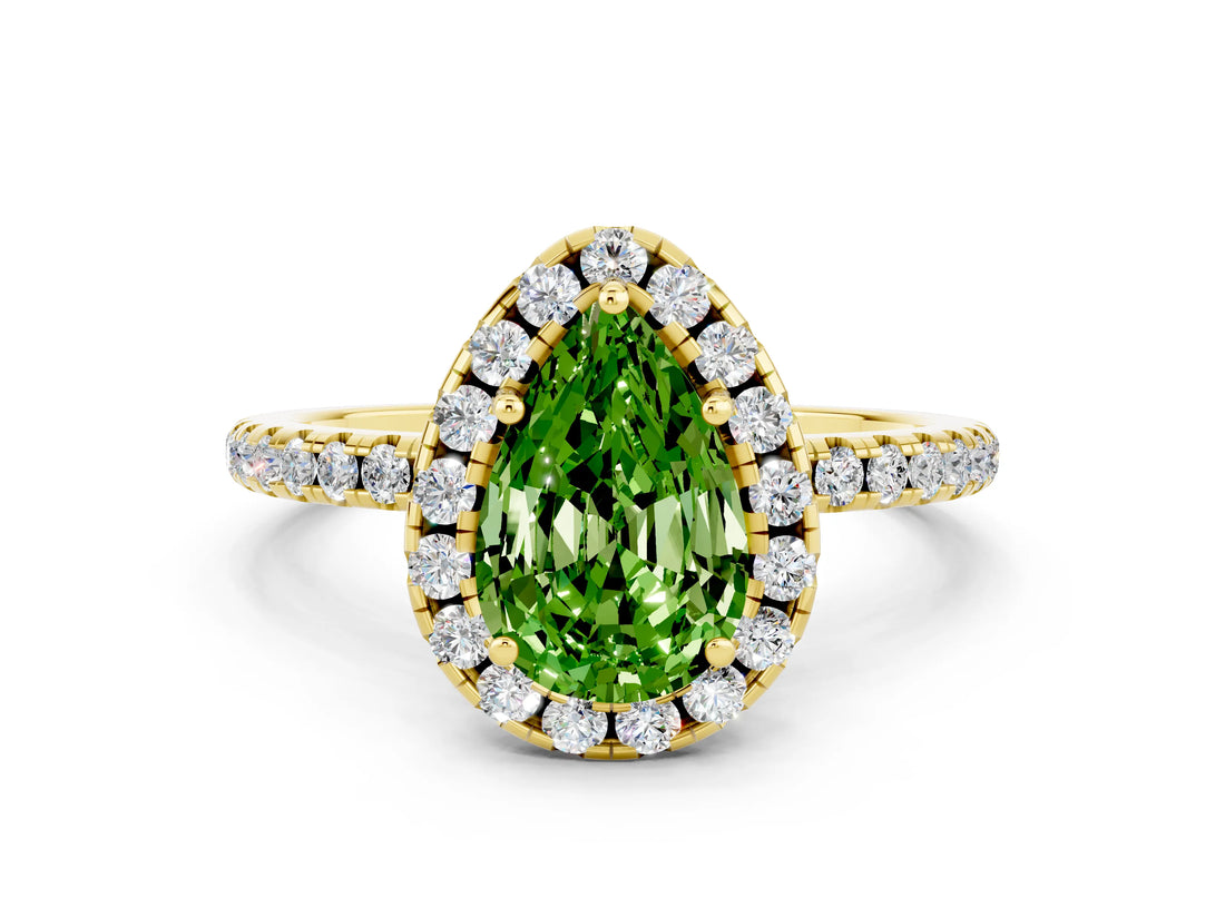 Yellow gold Pear Cut Halo Round Diamond Pavé Band Four-Prong Ring_12