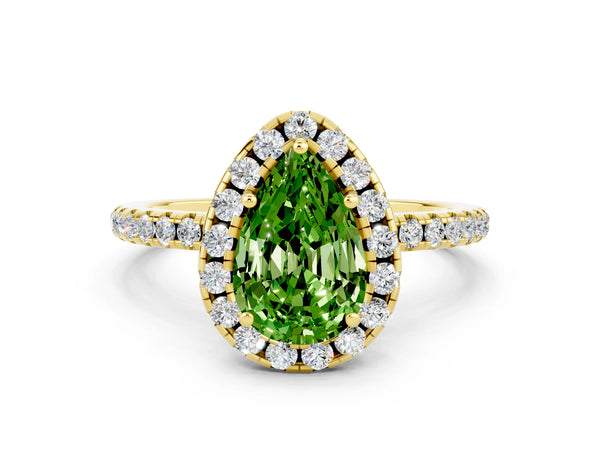 Yellow gold Pear Cut Halo Round Diamond Pavé Band Four-Prong Ring