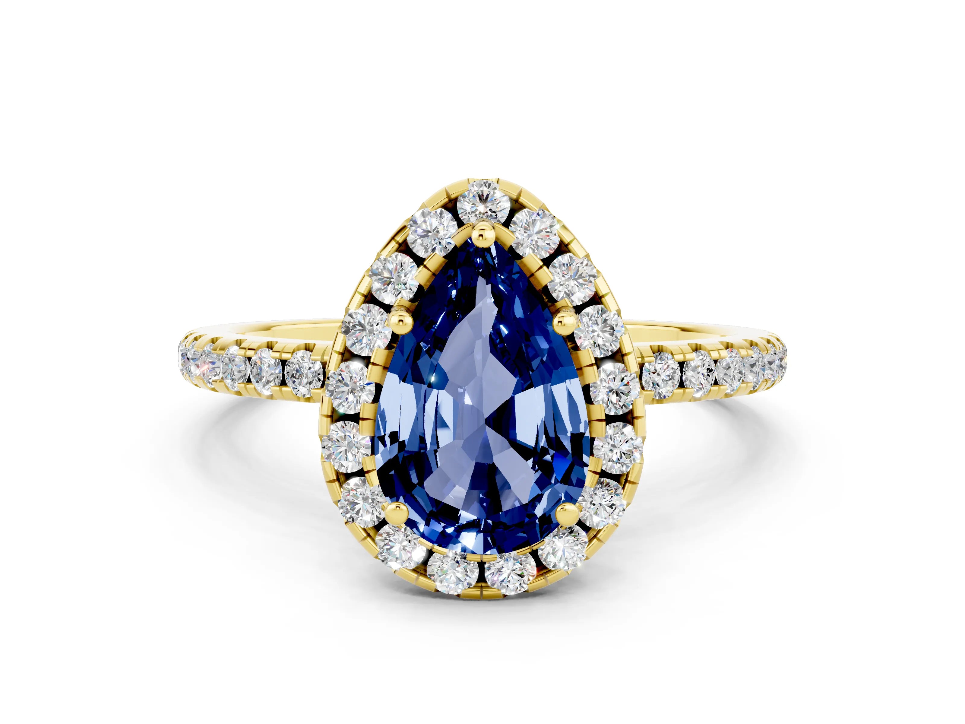 Yellow gold Pear Cut Halo Round Diamond Pavé Band Four-Prong Ring_12
