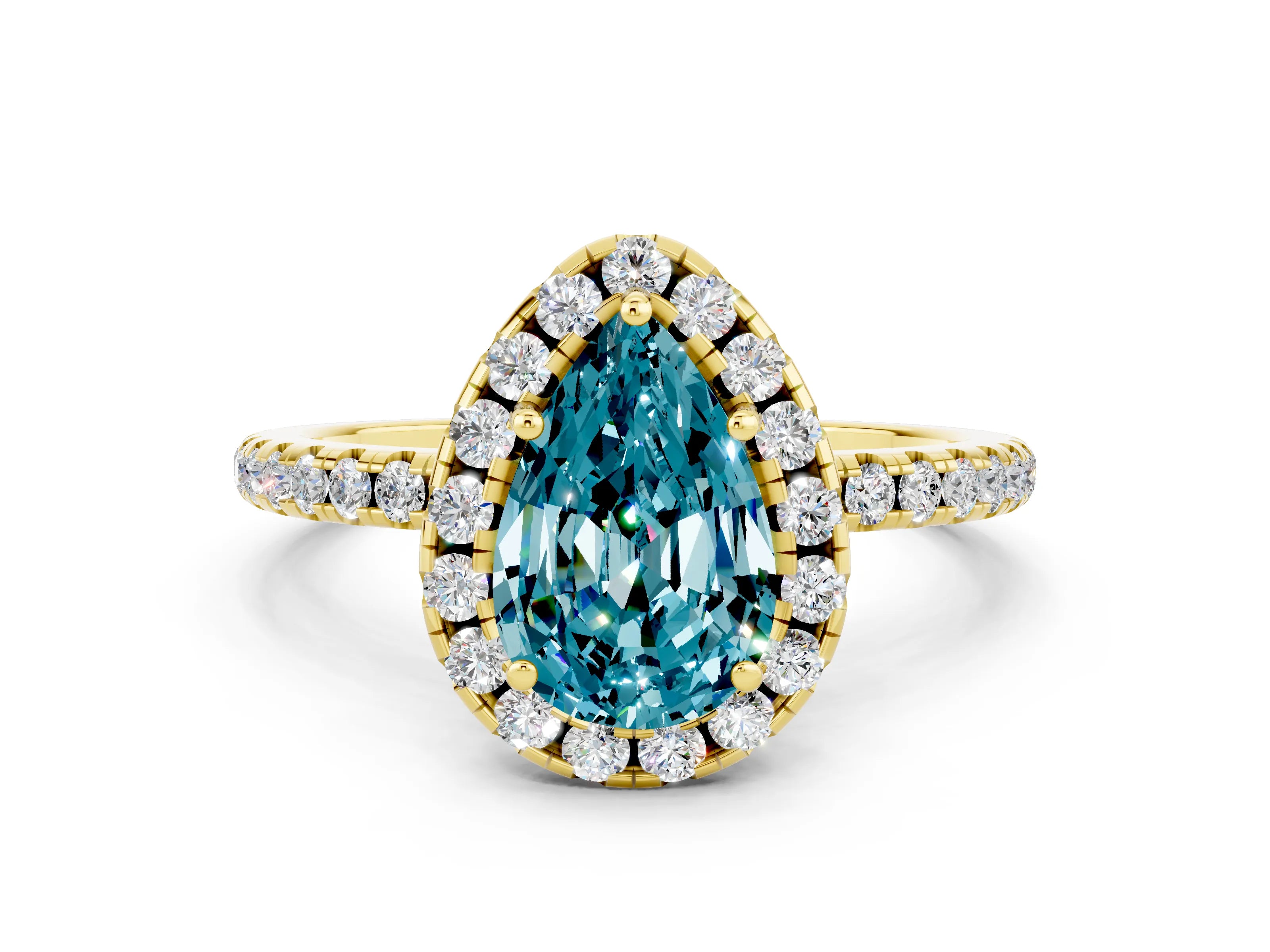 Yellow gold Pear Cut Halo Round Diamond Pavé Band Four-Prong Ring_12
