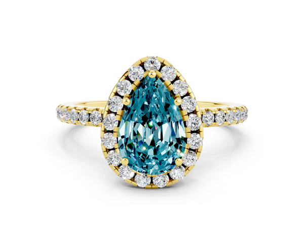 Yellow gold Pear Cut Halo Round Diamond Pavé Band Four-Prong Ring