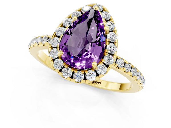 Yellow gold Pear Cut Amethyst Halo Ring with Round Pavé Band and Prong Setting