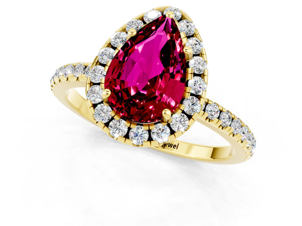 Yellow gold Pear Cut Garnet Halo Ring with Round Pavé Band and Prong Setting