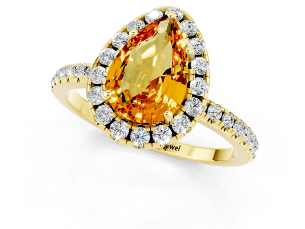 Yellow gold Pear Cut Citrine Halo Ring with Round Pavé Band and Prong Setting