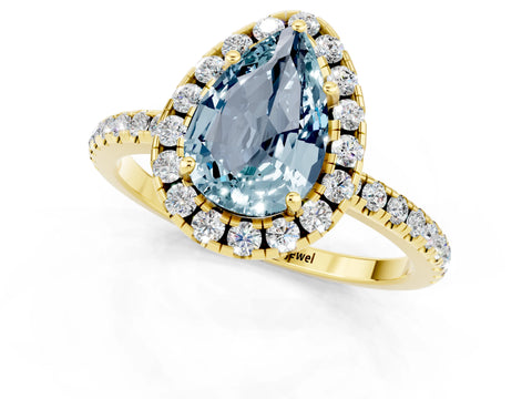 Yellow gold Pear Cut Halo Round Diamond Pavé Band Four-Prong Ring_13