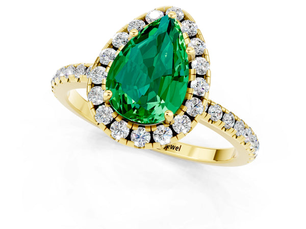 Yellow gold Pear Cut Emerald Halo Ring with Round Pavé Band and Prong Setting
