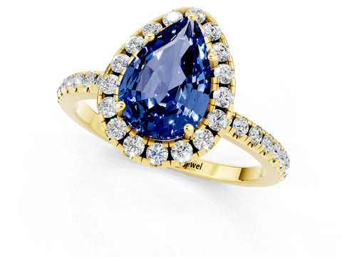 Yellow gold Pear Cut Halo Round Diamond Pavé Band Four-Prong Ring_13