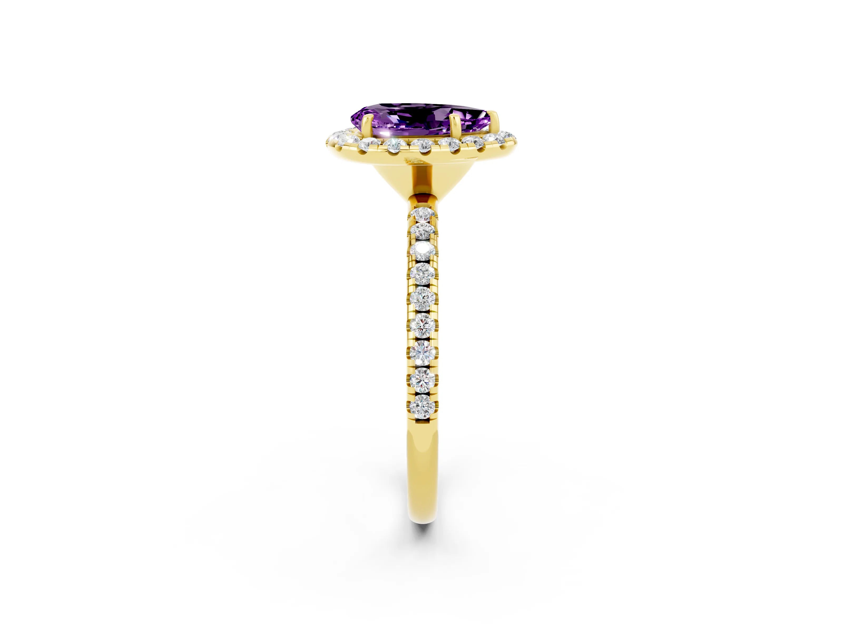 Yellow gold Pear Cut Halo Round Diamond Pavé Band Four-Prong Ring_14