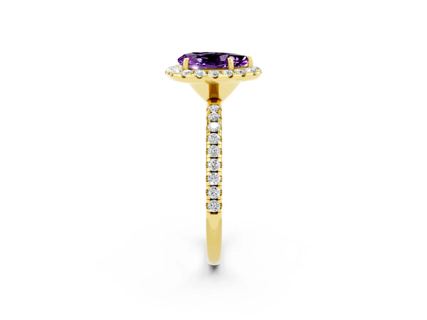 Yellow gold Pear Cut Amethyst Halo Ring with Round Pavé Band and Prong Setting