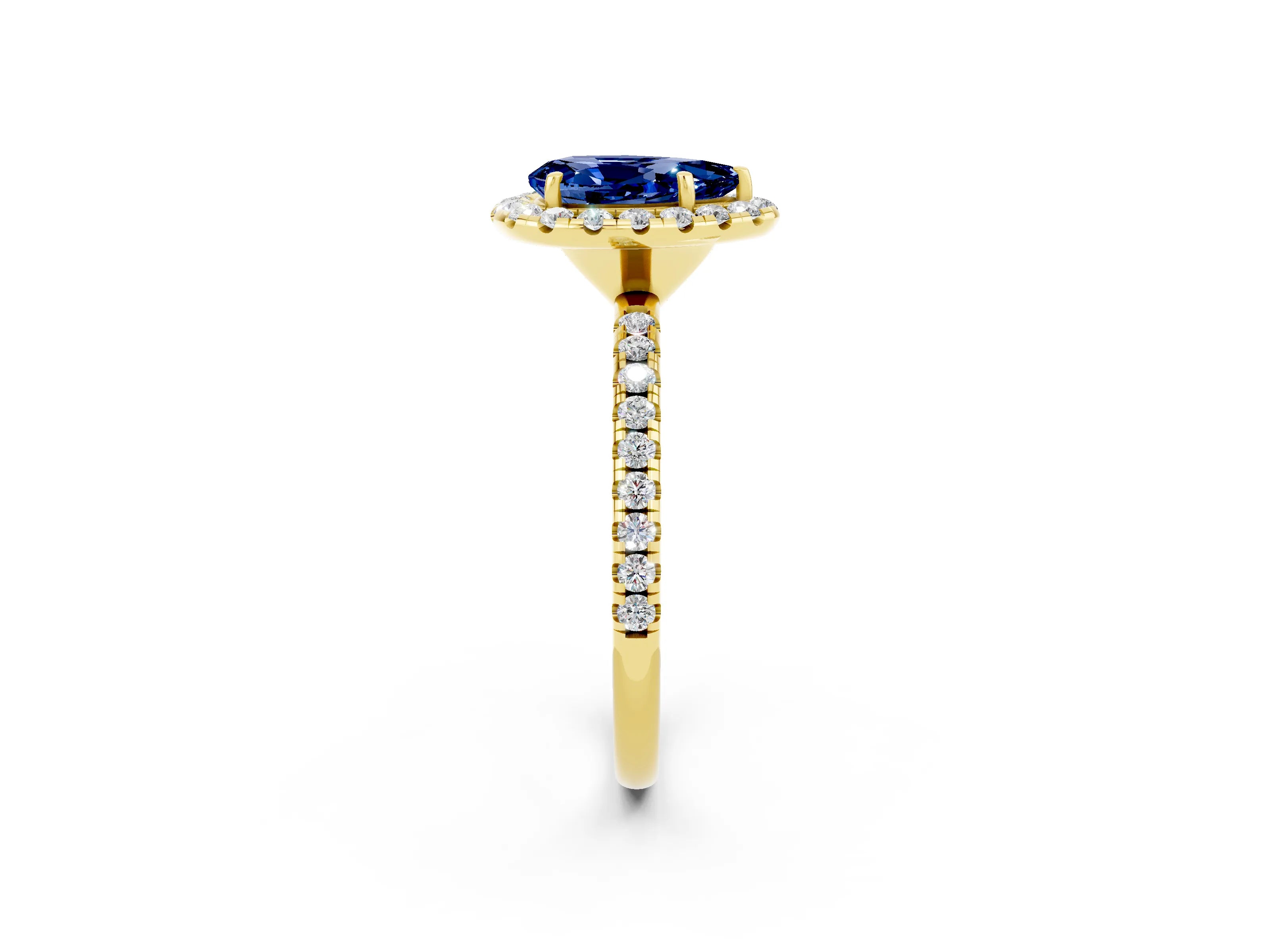 Yellow gold Pear Cut Halo Round Diamond Pavé Band Four-Prong Ring_14