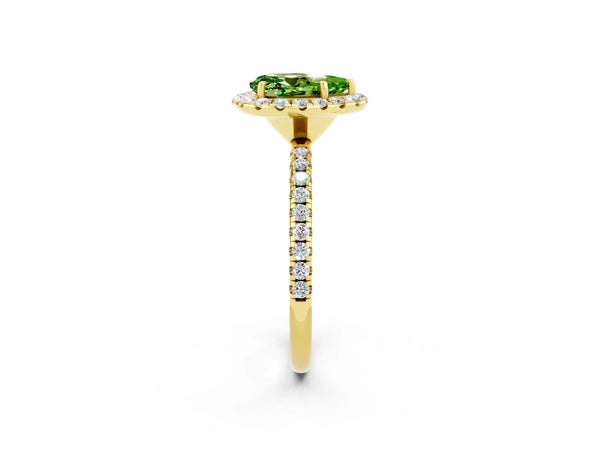 Yellow gold Pear Cut Halo Round Diamond Pavé Band Four-Prong Ring