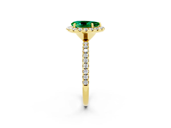 Yellow gold Pear Cut Emerald Halo Ring with Round Pavé Band and Prong Setting