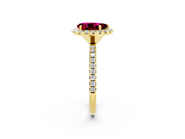 Yellow gold Pear Cut Garnet Halo Ring with Round Pavé Band and Prong Setting