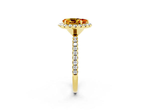 Yellow gold Pear Cut Citrine Halo Ring with Round Pavé Band and Prong Setting