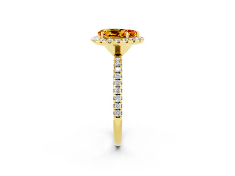 Yellow gold Pear Cut Halo Round Diamond Pavé Band Four-Prong Ring_14
